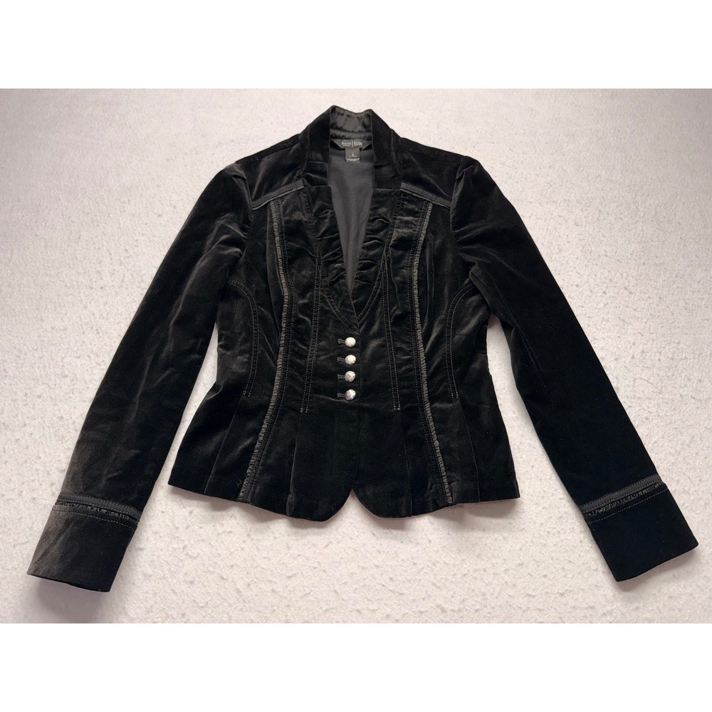 White House Black Market Black Velvet Ruffle Button Blazer Jacket Women's Size 6
